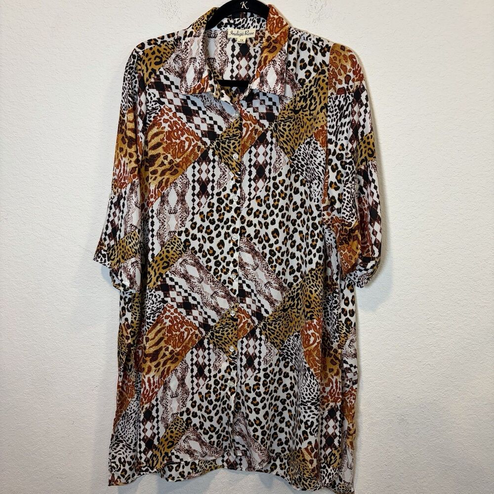 Indigo Rose Top 1X Leopard Cheetah Cat Animal Print Duster Shirt Women Plus Size